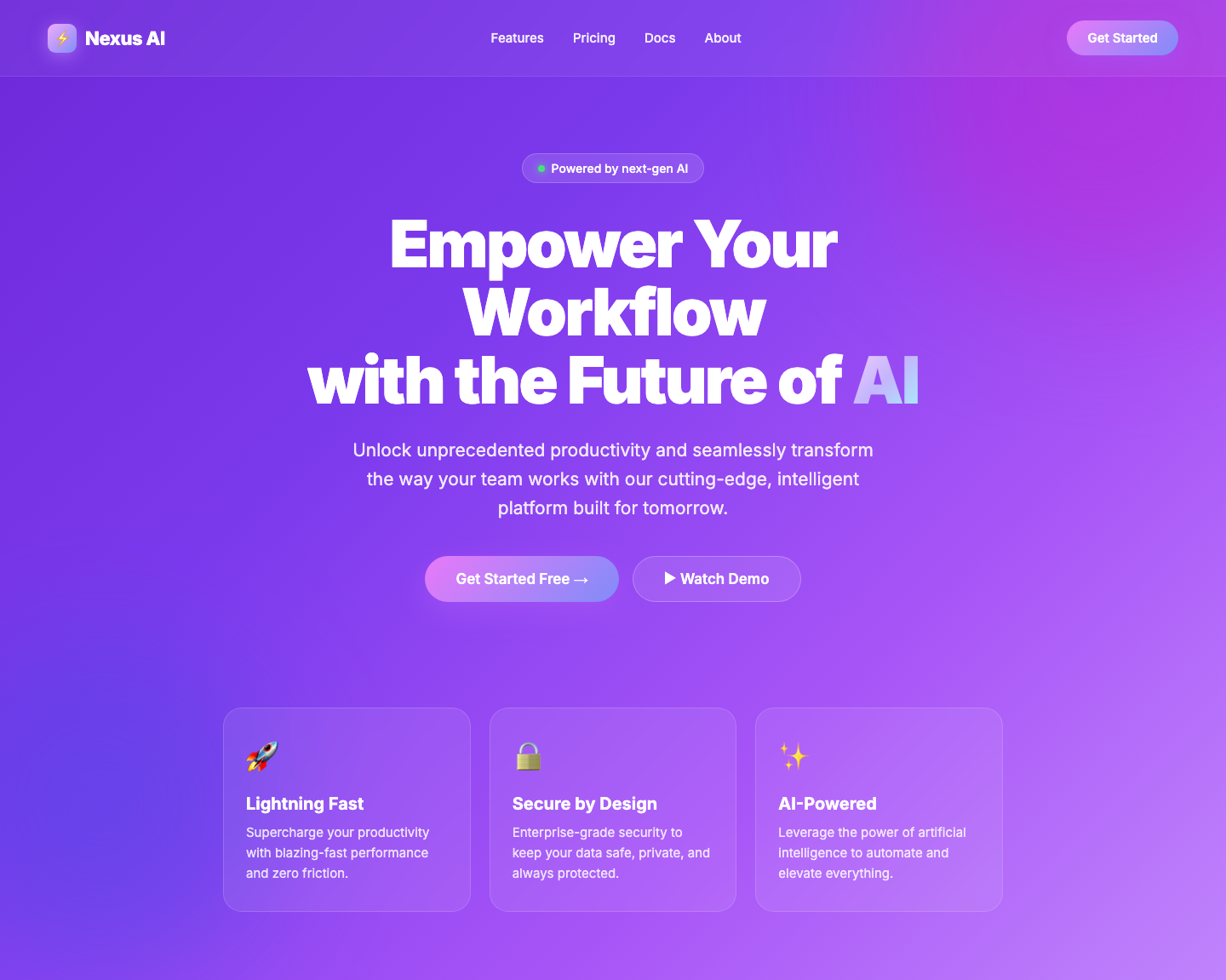 A cliched, obviously AI-generated purple-gradient SaaS landing page